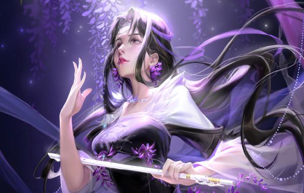电脑壁纸 持剑的女人 紫色花 动漫少女 高清壁纸 壁纸下载