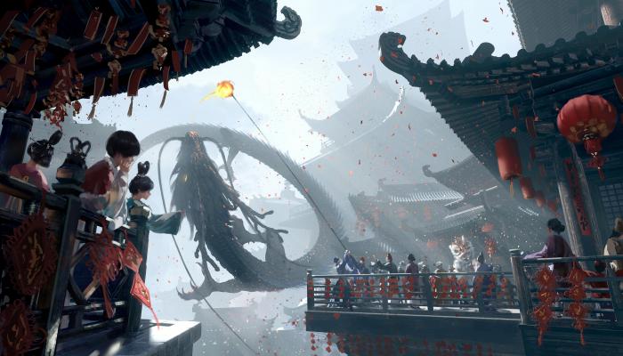 电脑壁纸 挂满灯笼的古建筑楼阁，欢腾，节日，活动，以及飞腾在天空中的龙，欢庆的人们 电脑桌面 高清壁纸 壁纸下载