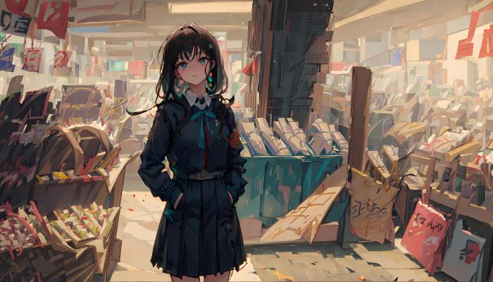 电脑壁纸 插口袋 女学生 动漫 女孩 校服 人工智能艺术 超市 电脑桌面 高清壁纸 壁纸下载-蚂蚁资源网