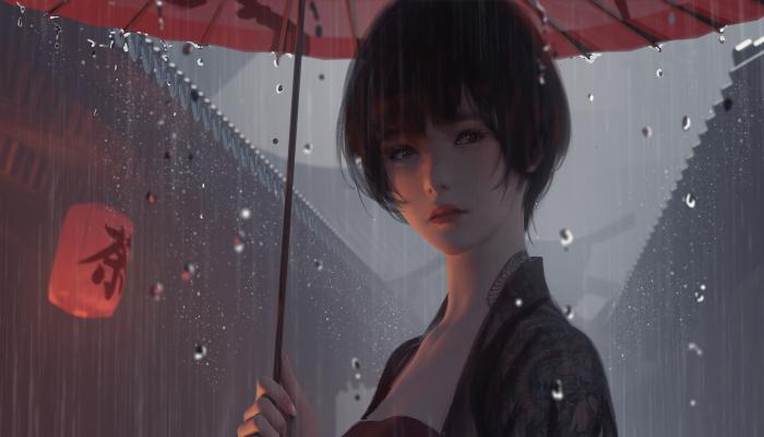 电脑壁纸 撑着红伞行走在雨中的短发古装美女插画 电脑桌面 高清壁纸 壁纸下载