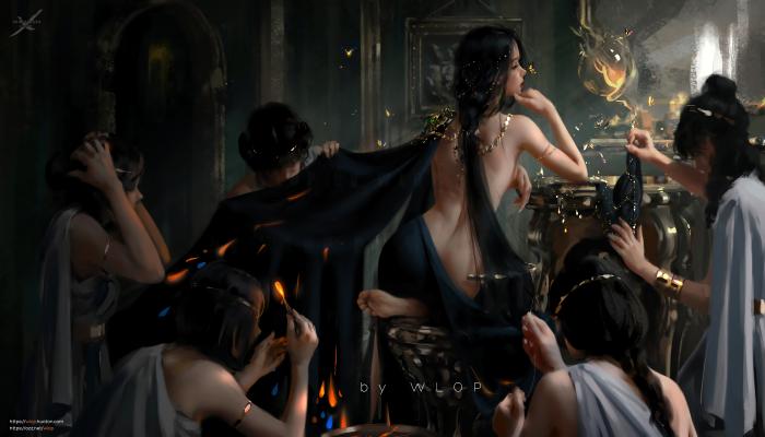 电脑壁纸 昏暗房间，被一群人围绕打扮的裸身美背妖娆身姿女生 风铃公主超高清插画 电脑桌面 高清壁纸 壁纸下载