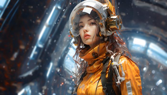 电脑壁纸 未来 女人，戴着透明头盔，身着黄色防辐射服的未来女性科幻动漫 高清壁纸 壁纸下载