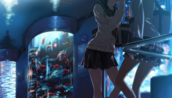 电脑壁纸 水族馆，两个穿着JK短裙的动漫少女美图 电脑桌面 高清壁纸 壁纸下载