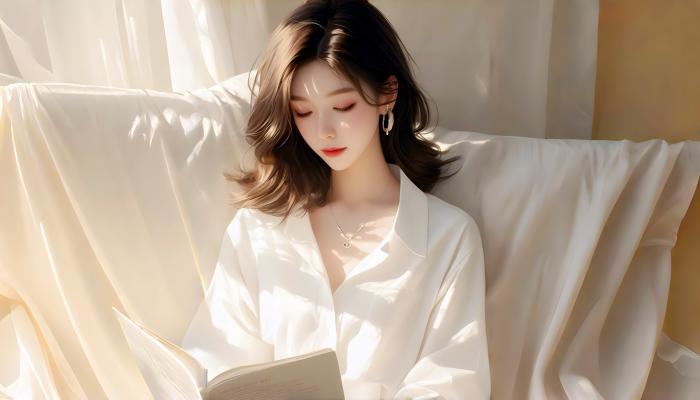 电脑壁纸 沙发上 专注看书 白衬衫 黑发 精致 漂亮 AI美女 电脑桌面 高清壁纸 壁纸下载