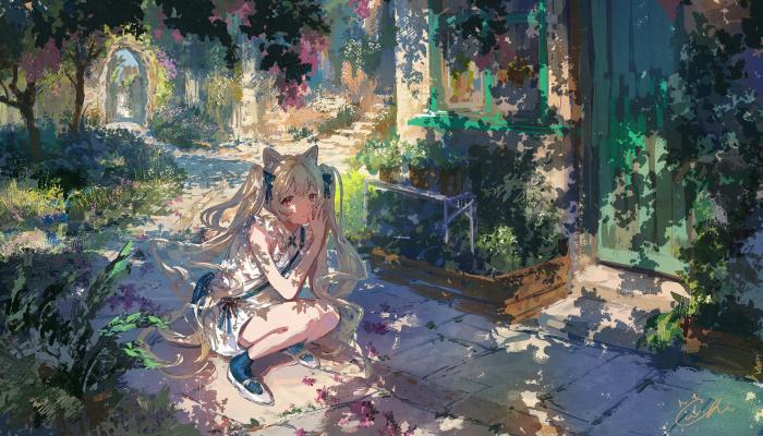 电脑壁纸 清新，农家小院，小屋，蹲在地板上的双马尾般美少女唯美手绘插画 高清壁纸 壁纸下载
