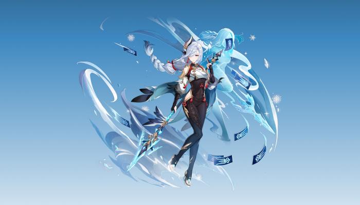 电脑壁纸 游戏CG角色 头发遮住一只眼睛 辫子 神河 原神 简单背景 动漫女孩 极简主义 长枪 武器 雪花 电脑桌面 高清壁纸 壁纸下载