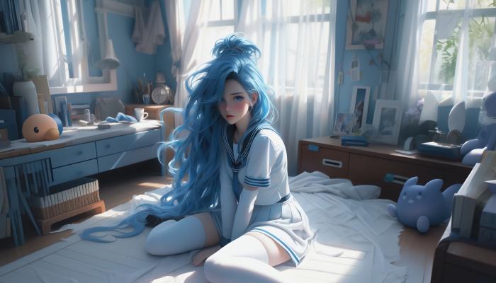 电脑壁纸 漂亮的Jk女孩，可爱房间，坐在床上的蓝色长发短裙白袜AI动漫美女 高清壁纸 壁纸下载