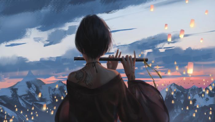 电脑壁纸 漫画《鬼刀》人物小绿壁纸，对着远处雪山，群山，漫天孔明灯吹箫的小绿性感背影 电脑桌面 高清壁纸 壁纸下载