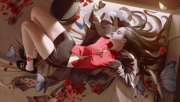 电脑壁纸 甜甜进入梦乡的少女，穿着红衣短裤在床上睡着了的长发动漫少女 高清壁纸 壁纸下载