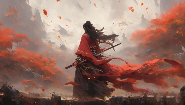 电脑壁纸 电脑桌面 古装，侠客，红色衣服，飘逸，手拿宝剑，战场，硝烟，剑来动漫 高清壁纸 壁纸下载