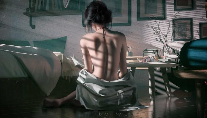 电脑壁纸 电脑桌面 昏暗 房间 裹着衣服的女生背部 背影 唯美 插画 高清壁纸 壁纸下载