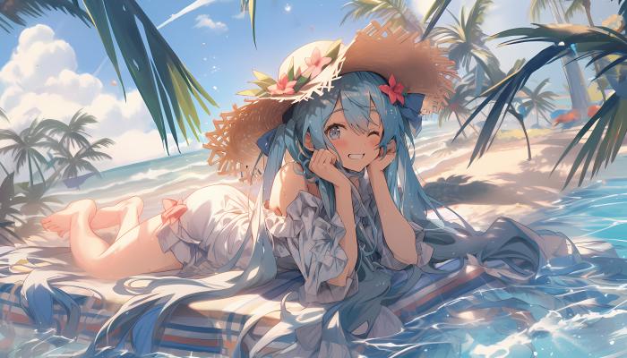 电脑壁纸 电脑桌面 海边 女孩 初音 帽子 泳装 高清壁纸 壁纸下载