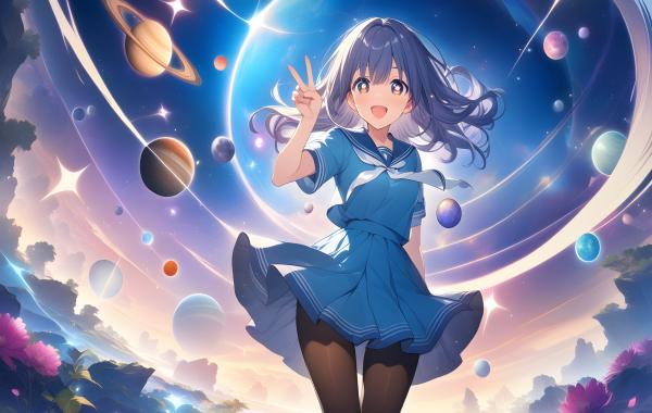 电脑壁纸 短发的动漫女孩 AI艺术生成的插图 未来星空 高清壁纸 壁纸下载