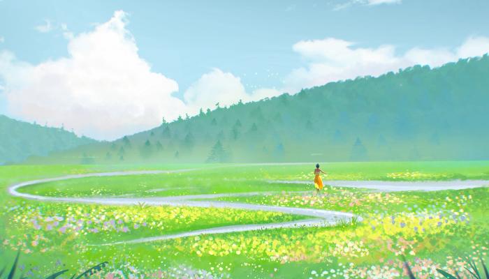 电脑壁纸 碧绿的草地上，开满了五颜六色的鲜花的山间田野风景插画 高清壁纸 壁纸下载