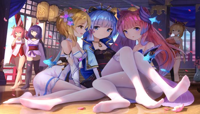 电脑壁纸 穿着白色丝袜的三个动漫少女，神里绫华，美露莘，雷电将军 珊瑚宫心海，八重神子，宵宫同屏 高清壁纸 壁纸下载