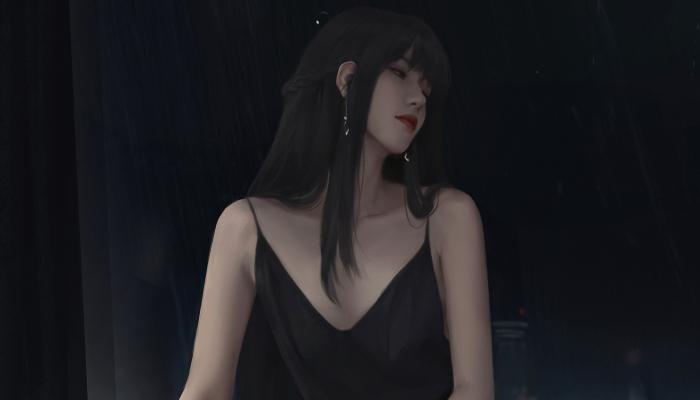 电脑壁纸 穿着黑色吊带睡裙的黑发性感美女手绘插画 电脑桌面 高清壁纸 壁纸下载