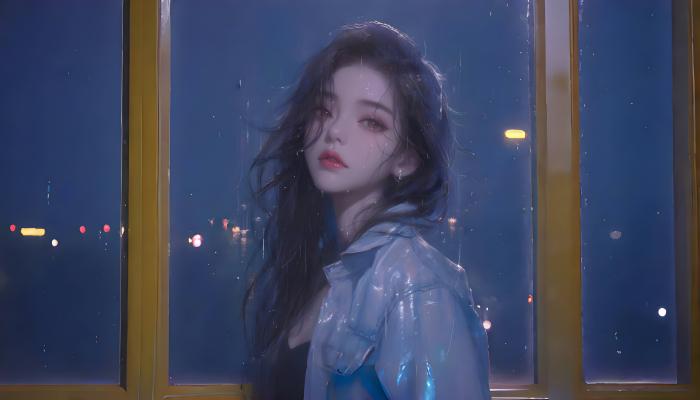 电脑壁纸 窗外，下着雨，站在窗户前的湿发，长发，漂亮AI美女头像 高清壁纸 壁纸下载