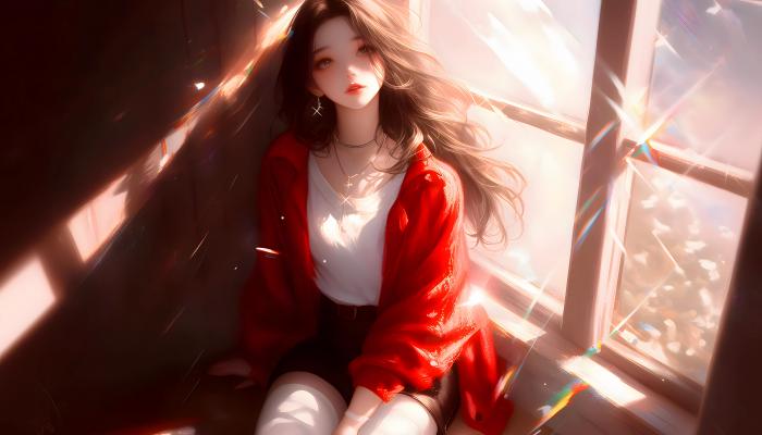 电脑壁纸 窗边阳光少女 红色外套 白色衣服 电脑桌面 高清壁纸 壁纸下载