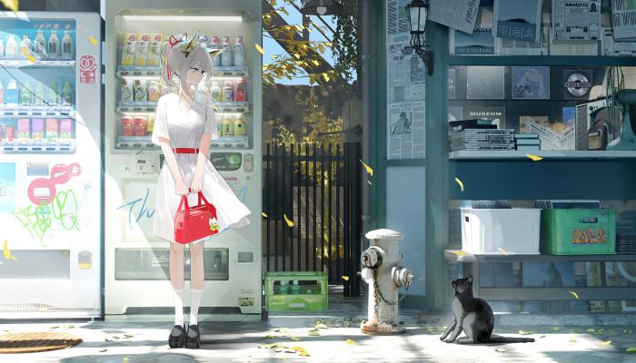 电脑壁纸 站着自动贩卖机前，狐狸耳朵白裙少女和路边的小黑猫清新插画 高清壁纸 壁纸下载-蚂蚁资源网
