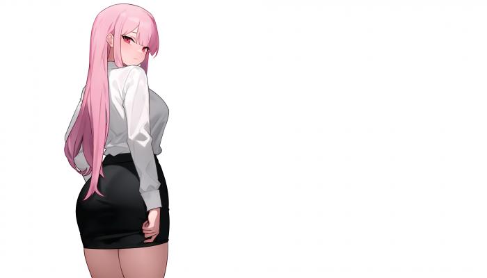 电脑壁纸 粉红色头发 长发 办公室 女孩 曲线 优美 动漫 极简主义 简单背景 白色背景 回顾 铅笔裙 电脑桌面 高清壁纸 壁纸下载