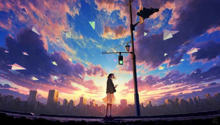 电脑壁纸 红绿灯下的小女孩 动漫 纸飞机 晚霞 城市 电脑桌面 高清壁纸 壁纸下载