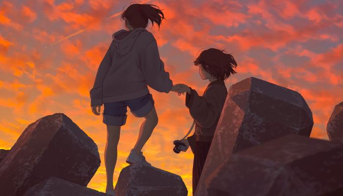 电脑壁纸 红色夕阳下，山坡大石头旁，手拿相机旅拍的两个动漫女孩高清唯美场景 高清壁纸 壁纸下载
