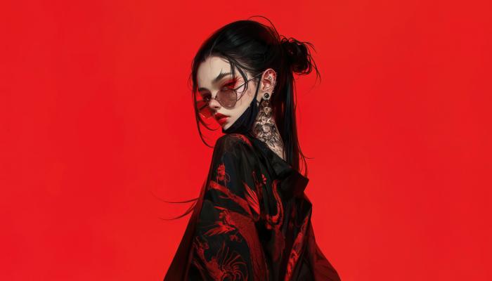电脑壁纸 红色背景，戴着眼镜，脖子有纹身，国风穿搭AI美女 电脑桌面 高清壁纸 壁纸下载
