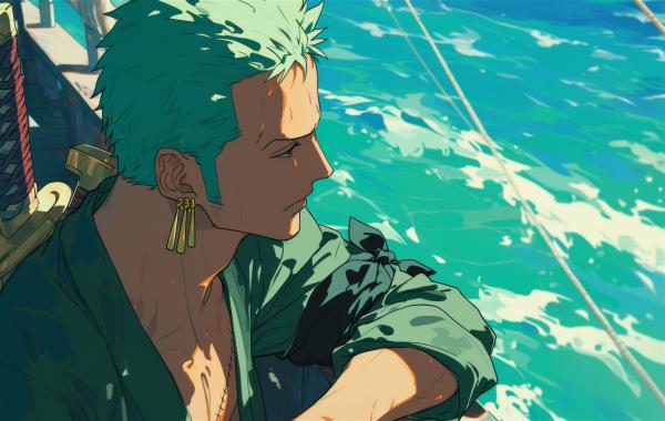 电脑壁纸 罗罗诺亚·索隆，漫画《海贼王》人物索隆在船上看着大海思索 高清壁纸 壁纸下载