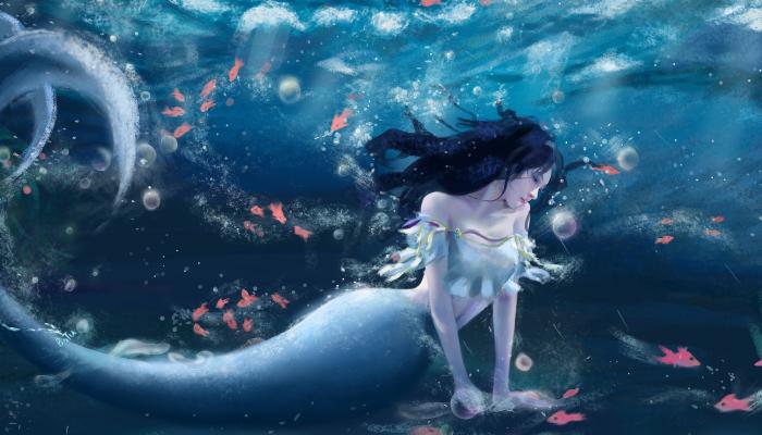 电脑壁纸 美人鱼 海面 小鱼 海底世界 手绘 电脑桌面 高清壁纸 壁纸下载