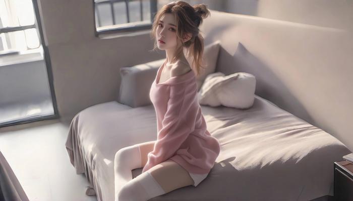 电脑壁纸 美女 粉色毛衣 客厅 沙发床 白色丝袜 AI艺术 电脑桌面 高清壁纸 壁纸下载