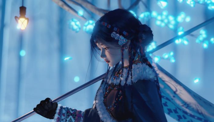 电脑壁纸 肩上扛着一根长棍的藏服动漫美女超高清电脑桌面 高清壁纸 壁纸下载