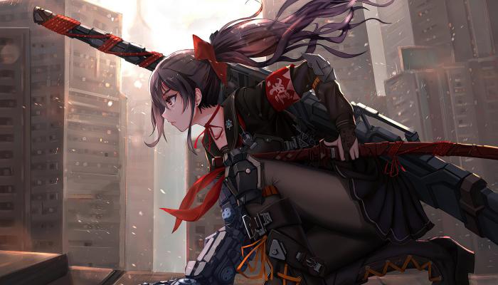 电脑壁纸 背着武器，刀具的马尾辫长发动漫女战士壁纸图片 高清壁纸 壁纸下载