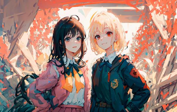 电脑壁纸 莉可丽丝 动漫 双人 校服 长发 AI 艺术 可爱 金发 黑发 高清壁纸 壁纸下载-蚂蚁资源网