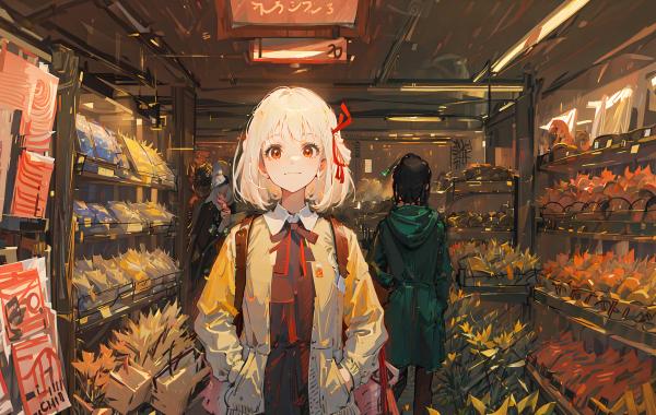 电脑壁纸 莉可丽丝 可爱 女孩 校服 背包 商店 金发 短发 高清壁纸 壁纸下载-蚂蚁资源网
