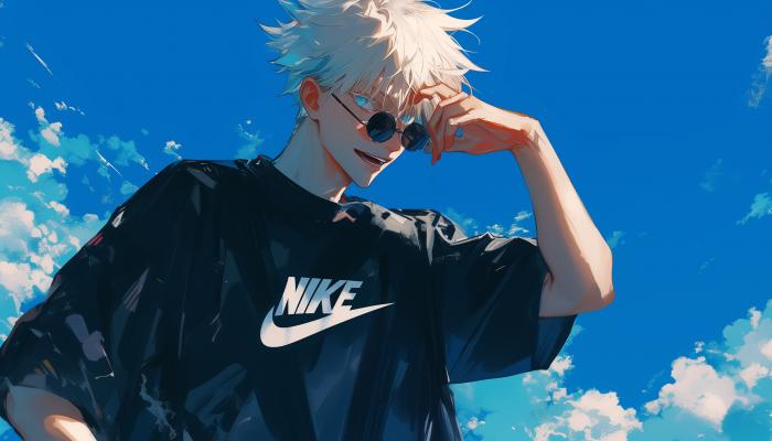 电脑壁纸 蓝天下，穿着Nike黑色T恤的五条悟，漫画作品《咒术回战》人物五条悟酷帅桌面壁纸 高清壁纸 壁纸下载