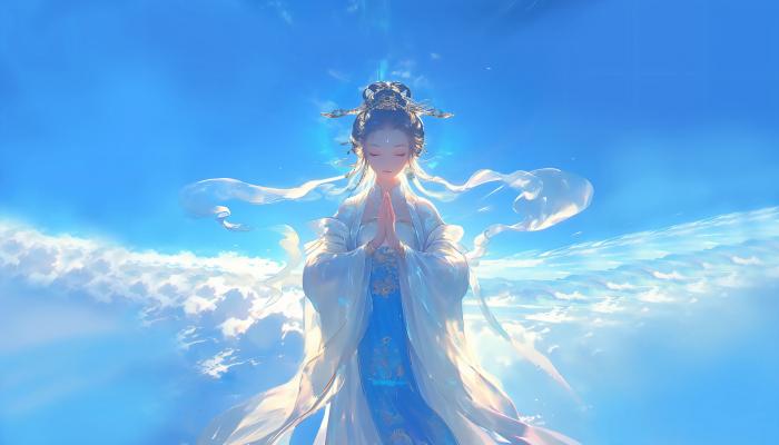 电脑壁纸 蓝天之上，双手合十，仙气飘飘，飞升成仙女的动漫女神 电脑桌面 高清壁纸 壁纸下载