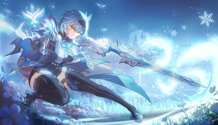 电脑壁纸 蓝色头发 短发 微笑 长发 动漫 女孩 尤拉 原神 游戏CG 黄眼睛 雪花 花 电脑桌面 高清壁纸 壁纸下载
