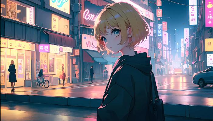 电脑壁纸 行走在夜晚城市街头的金黄色短发AI动漫美少女侧脸 电脑桌面 高清壁纸 壁纸下载