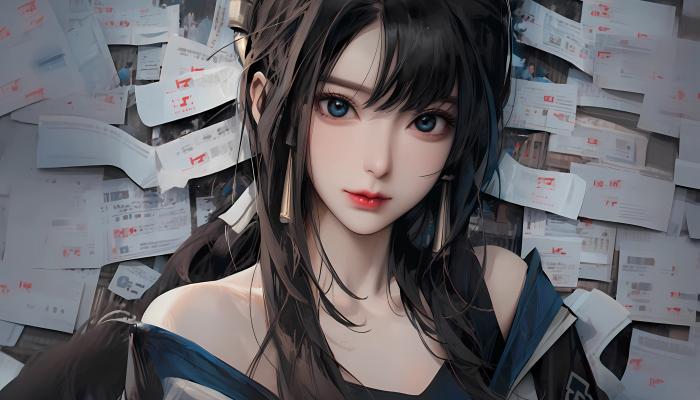 电脑壁纸 贴满纸张的背景墙面前，小露性感香肩的AI美女不知火舞 电脑桌面 高清壁纸 壁纸下载