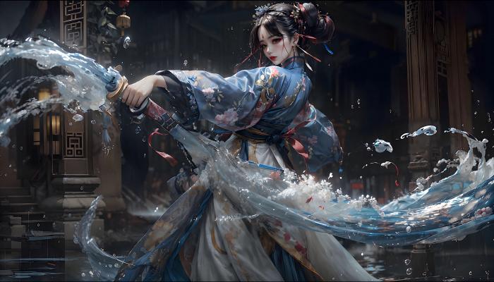 电脑壁纸 赛博修仙 AI艺术 古装美女 水花 古建筑 电脑桌面 高清壁纸 壁纸下载