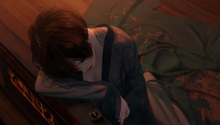 电脑壁纸 趴在栏杆上喝醉的小绿高清插画 电脑桌面 高清壁纸 壁纸下载