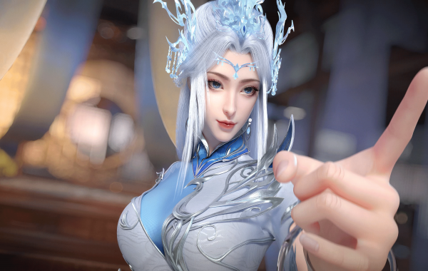 电脑壁纸 银发蓝饰指尖舞，动漫女孩展梦幻，水晶发冠 高清壁纸 壁纸下载
