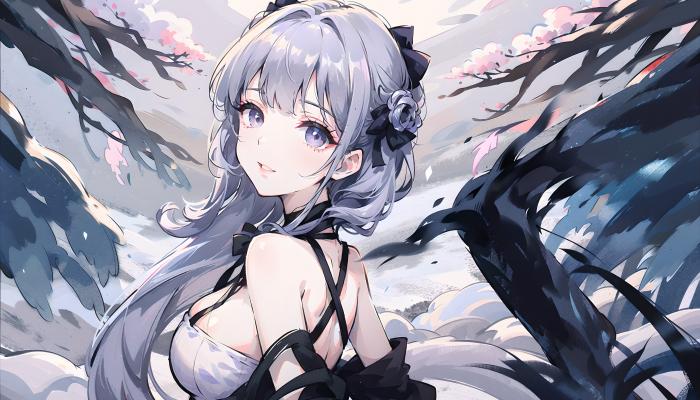 电脑壁纸 长发 艺术 银发 动漫女孩 雪 树枝 鲜花 紫色眼睛 电脑桌面 高清壁纸 壁纸下载-蚂蚁资源网