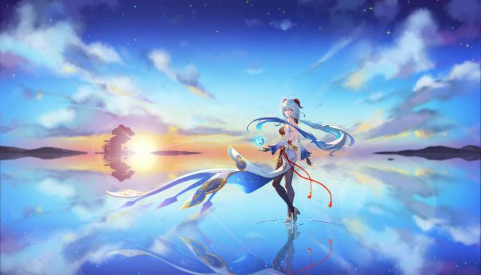 电脑壁纸 长发 蓝发 数码艺术 电子游戏艺术 原神 感宇 号角 水 海 天 云 倒影 太阳 动漫少女 紫色眼睛 星星 阳光 电脑桌面 高清壁纸 壁纸下载