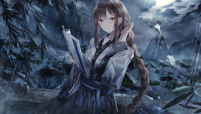 电脑壁纸 长发 黑发 辫子 动漫 女孩 AI艺术 肖像 雨 服装 电脑桌面 高清壁纸 壁纸下载