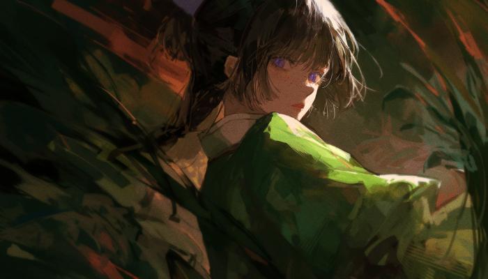 电脑壁纸 长有雀斑的绿衣少女，动画《药屋少女的呢喃》人物猫猫侧脸看着你高清插画 电脑桌面 高清壁纸 壁纸下载