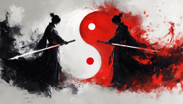 电脑壁纸 阴阳图，一阴一阳，两个手拿武士的的侠客动漫插画 电脑桌面 高清壁纸 壁纸下载