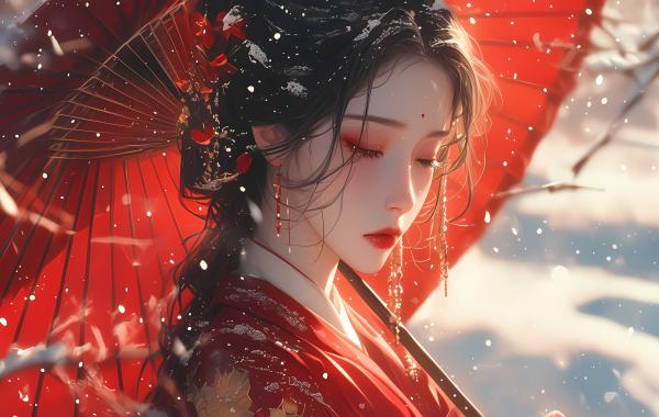 电脑壁纸 雨伞 红妆 雪纷飞 古风女孩 忧伤的表情 高清壁纸 壁纸下载
