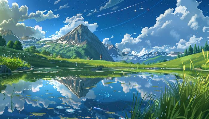 电脑壁纸 雪山，丛山峻岭，绿地，湖水，白云悠悠，唯美山水插画 高清壁纸 壁纸下载