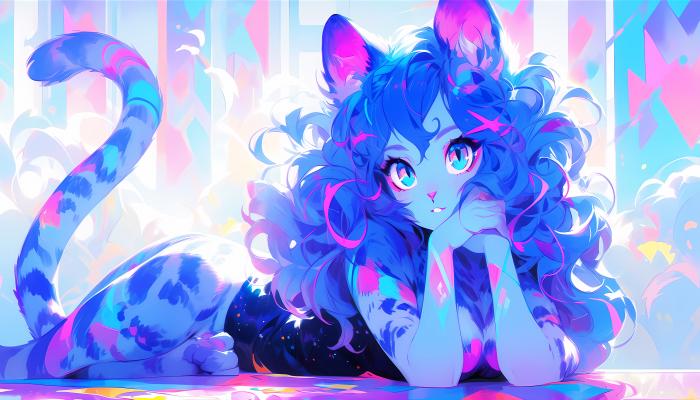 电脑壁纸 魔物娘 猫女，猫耳朵，趴在床上，双手撑着下巴的蓝眼睛，蓝发猫女AI美图 电脑桌面 高清壁纸 壁纸下载